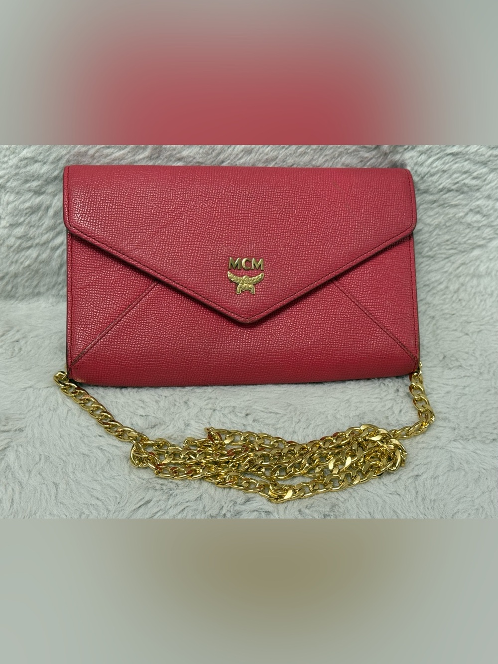 MCM Pink Envelope Clutch/ Crossbody bag with Gold Logo and Chain